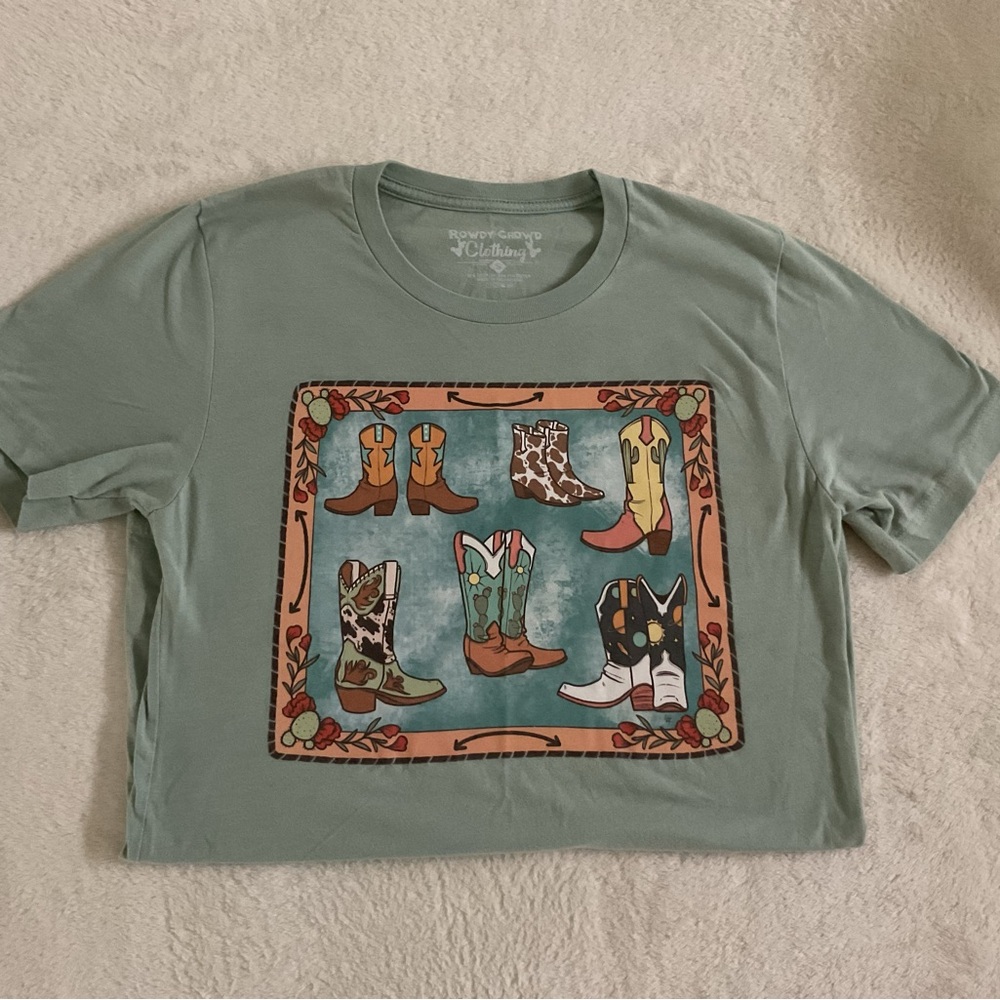 Green Graphic Tee with Cowboy Boot Design